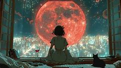 Una escena animada con una chica con vino y un gato en un paisaje nocturno de la ciudad de fondo. Estilo Lo-fi. Bucle continuo