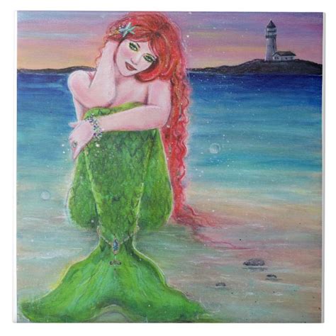 Share your thoughts, experiences and the tales behind the art. Red head mermaid on the beach with lighthouse. Tile ...