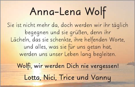 Vilimsky reagierte auf diesen vergleich mit heftigem protest. Traueranzeigen von Anna-Lena Wolf | trauer36.de