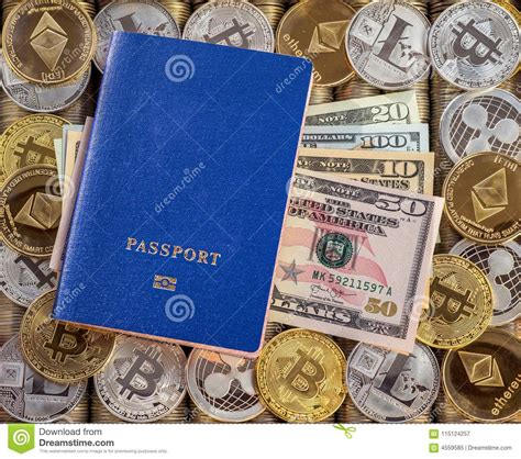 Let artificial intelligence create your passport photos automatically. Blue Passport, Metal Coins Background. US Dollars. Metal ...