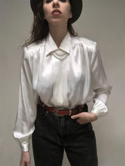 Office wear casual white satin collar button down blouse with long sleeve shirt. Women's White Satin Silky Blouse with Detachable Faux Pearl Necklace Detail - Drapey and ...