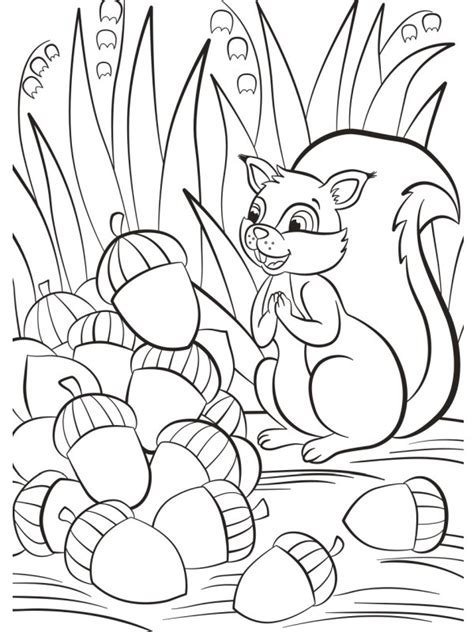 Print and color fall pdf coloring books from primarygames. colouring page Squirrel with acorn | coloringpage.ca