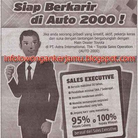 Jangan lupa, share informasi lowongan pekerjaan ini via twitter atau facebook. Lowongan Kerja Sales Executive, Sales Counter - Auto 2000 ...