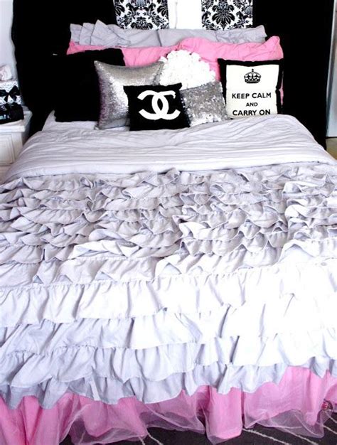 My teenage girl's chanel themed bedroom, super fun! Ruffle Chanel Inspired Bedding www.BelindaSelene.com #DIY ...