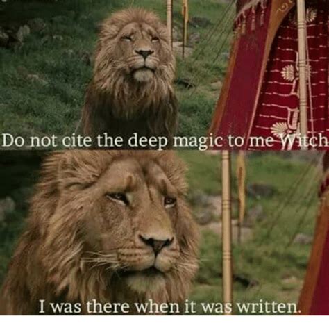 It means, said aslan, that though the witch knew the deep magic, there is a magic deeper still which she did not know. Do Not Cite the Deep Magic to Me Witch I Was There When It Was Written | Magic Meme on ME.ME