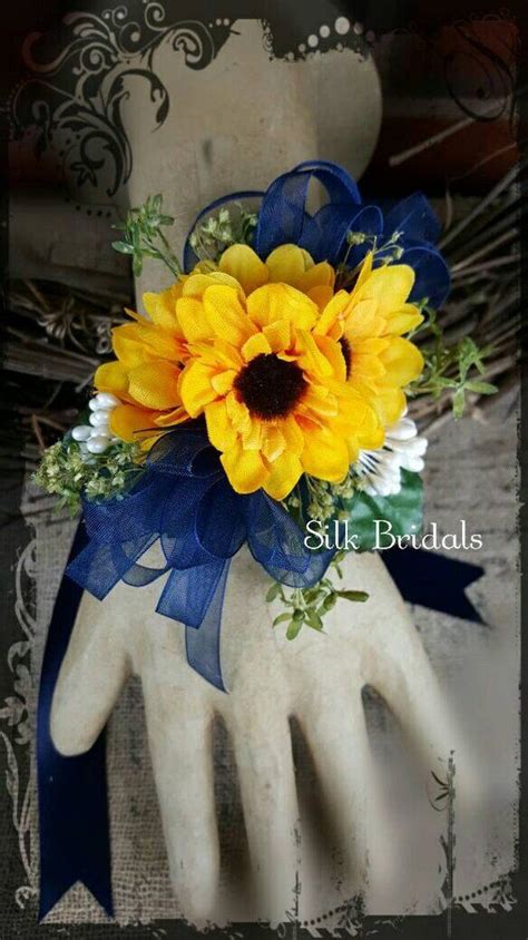 Wedding bouquet 17 pc set bridal bouquet vanilla sunflower burgundy navy flowers. Sunflower corsage mini sunflowers wrist corsage navy blue ...