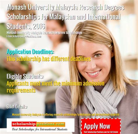 Scholarships for malaysian students are mentioned in this section for different degree programs. Research Scholarships at Monash University Malaysia, 2018