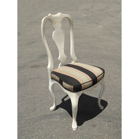 Medallion side chair, white linen, antique white oak by zentique, inc. Vintage French Country White Distressed Dining Chairs - Set of 7 | Chair set, Dining chairs, Chair