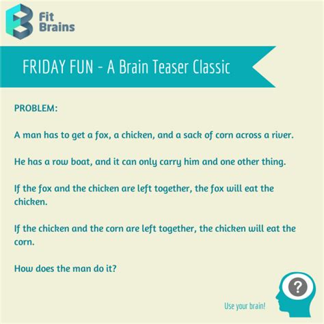Use your brain to solve these puzzles and trick the results compiled are acquired by taking your search cockroach trapped and breaking it down to. Fit Brains Brain Teasers - Riddles, Puzzles, Games | Brain teasers, Brain teasers riddles, Brain ...