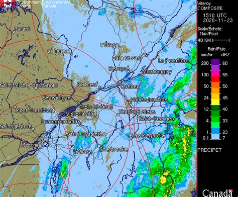 Radar d'environnement canada qui vous donne aux 10 minutes l'intensité des précipitations sur le sud du québec. Radars météo - Villeroy, QC - Environnement Canada