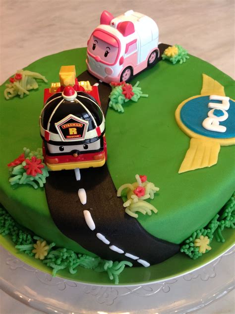 We made him out of rice krispies. Robocar poli, Cartoon cake, Birthday cake kids