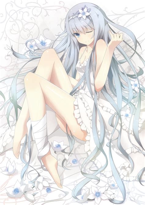 Anime characters are known to have unique style, whether it's clothes, hair, or whatever. original characters, long hair, cleavage, blue eyes, barefoot, Samegami, gray hair, white dress ...