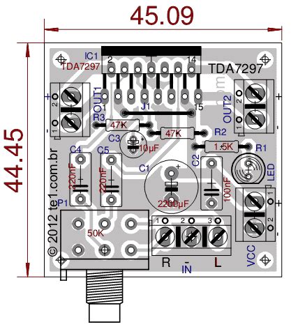 Complete stereo amplifier circuit including printed circuit board to power of 2 x 15 watts. Amplificator simplu 2X15W cu TDA7297 | Scheme Electrice