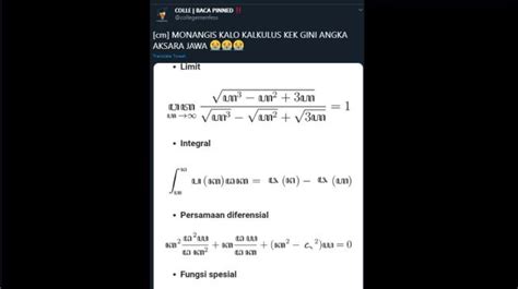 Membuat soal pilihan ganda memang gampang gampang sulit apalagi kala diperintahkan oleh guru untuk membuat soal pilihan ganda demi mendapatkan nilai nah bagi kalian yang sedang mencari contoh soal pilihan ganda berikut saya bagikan contoh pilihan ganda dan jawabanya materi bahasa jawa kelas x. Viral Soal Kalkulus Pakai Aksara Jawa, Warganet ...