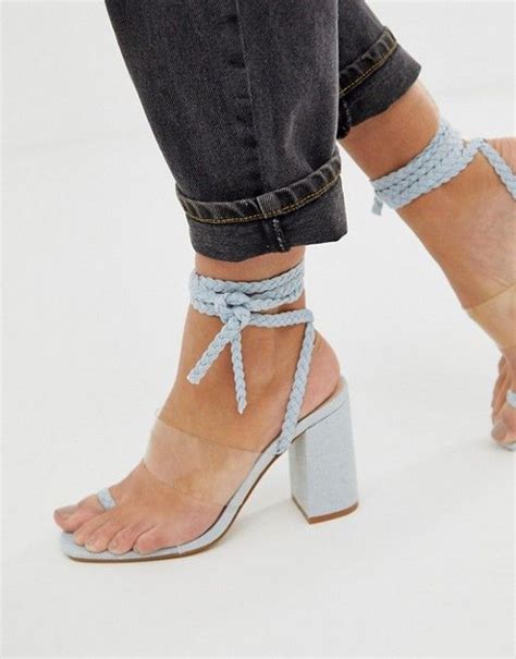 When you look like this, the world is at your feet. Public Desire Mia denim clear detail ankle tie heeled ...