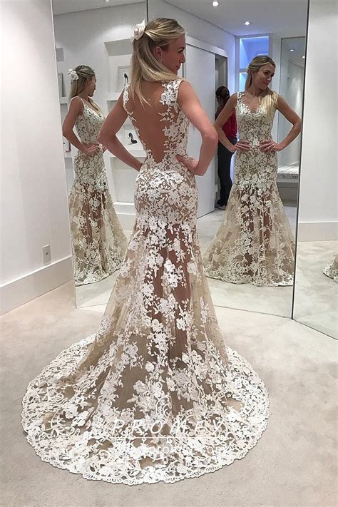 2020 popular 1 trends in weddings & events, women's clothing with low back wedding dress with sleeves and 1. Sexy Ivory Lace with Nude Tulle Sheer Wedding Dress - Promfy