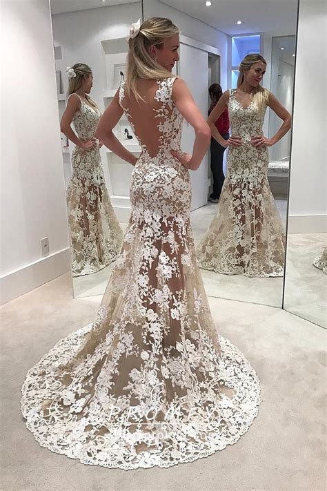 Poppy by wedding dress designer donna solado. Sexy Ivory Lace with Nude Tulle Sheer Wedding Dress - Promfy