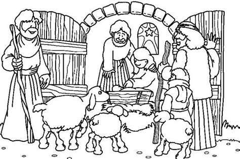 De heilige familie ontvangt het bezoek van de weinig herders en een lam kleuring en printen pagina. kleurplaat herders in de stal | Kleurplaten, Bijbelknutselwerk, Bijbel kleurplaten