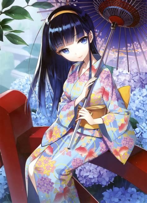 Cute asian blue hair devil goth. flowers, Blue, Eyes, Long, Hair, Anime, Umbrellas, Yukata ...