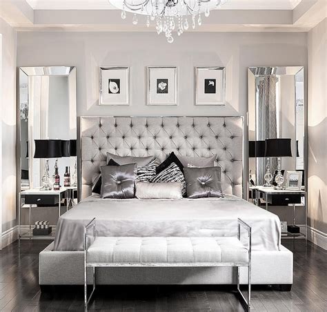 This blue bedroom color scheme brings comfort with gray and green undertones. Grey Silver And Black Bedroom Ideas | Glamorous bedroom ...