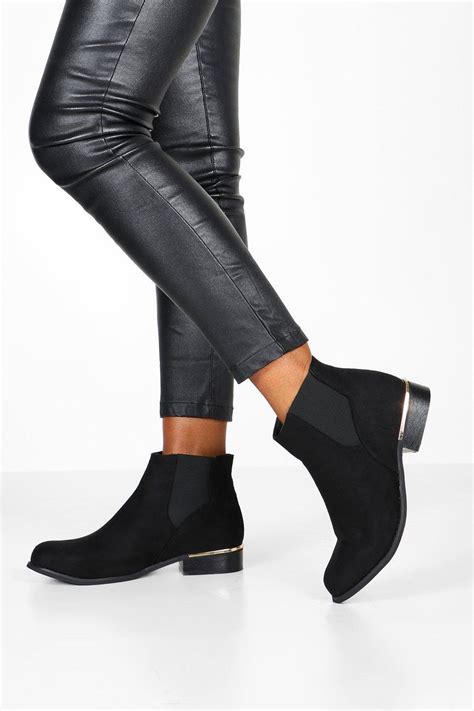 Why not go traditional with premium leather chelsea boots? Boohoo Womens Wide Width Metal Trim Chelsea Boots in Black ...