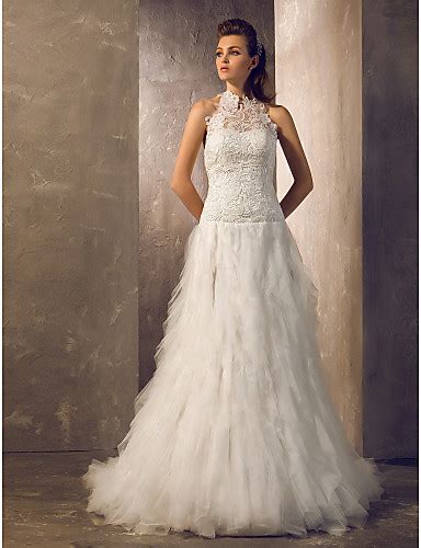 Let's have a look at the coolest train wedding. Sheath / Column Halter Court Train Lace Tulle Wedding ...