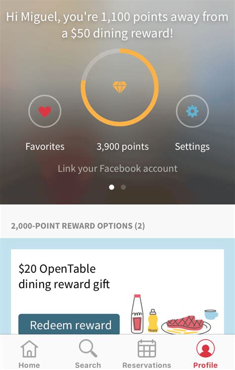 Standard reservations earn 100 dining rewards points each, but you can earn 1,000 points at a time at select restaurants at select times (look for the earn free meals faster link under bonus points tables on your opentable webpage). Get Free Money Via the OpenTable Dining Loyalty Program