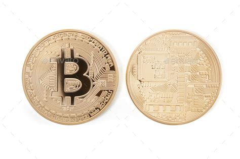 Importantly, these proofs of work have to be hard. Bitcoin front and back, golden coins isolated on white ...