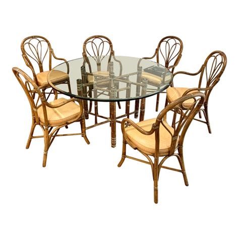 Vidaxl dining set 5 piece bamboo home kitchen furniture round table chairs. 1970s Vintage McGuire Dining Rattan and Bamboo Table Set ...