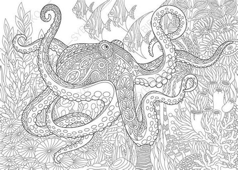 5 pages beachy escape coloring digital color pages shells ocean surf tiki dolpjins palm trees instant downloads. Adult Coloring Page Octopus and Fish. Zentangle Doodle ...