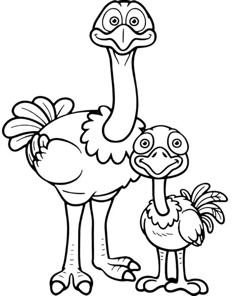 Print coloring of ostrich and free drawings. Two funny ostriches coloring page