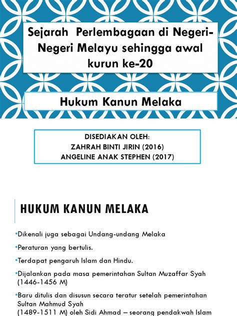 Beberapa fasal dalam hukum kanun melaka dan. Minggu 1d Hukum Kanun Melaka (Angeline).pptx