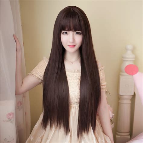 How to straighten hair naturally. Wig female long straight hair air bangs student black long ...