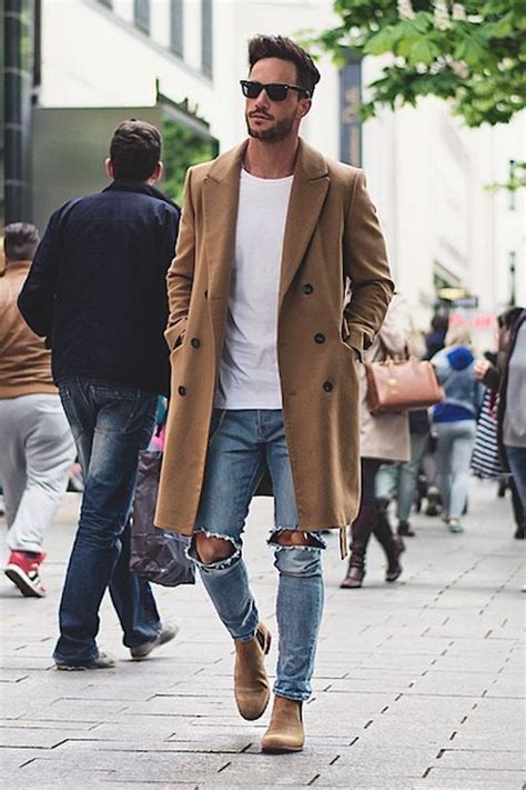 Timberland men's black stormbuck chelsea boots. Men's Brown Overcoat, White Crew-neck T-shirt, Blue Ripped ...