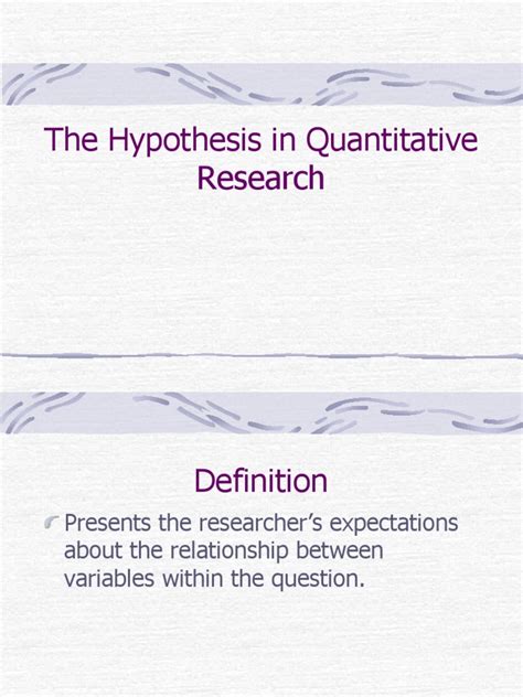 For example, the third research question above can be made into the hypothesis: Thesis.hypothesis in Quantitative Research | Hypothesis ...