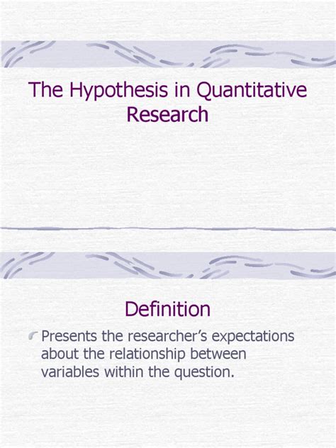 For example, the third research question above can be made into the hypothesis: Thesis.hypothesis in Quantitative Research | Hypothesis ...