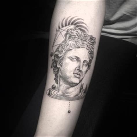 He was depicted as a handsome, beardless youth with long hair and attributes such as a wreath and branch of laurel, bow and quiver of arrows, raven. Greek Apollo Dotwork Tattoo | Best Tattoo Ideas Gallery