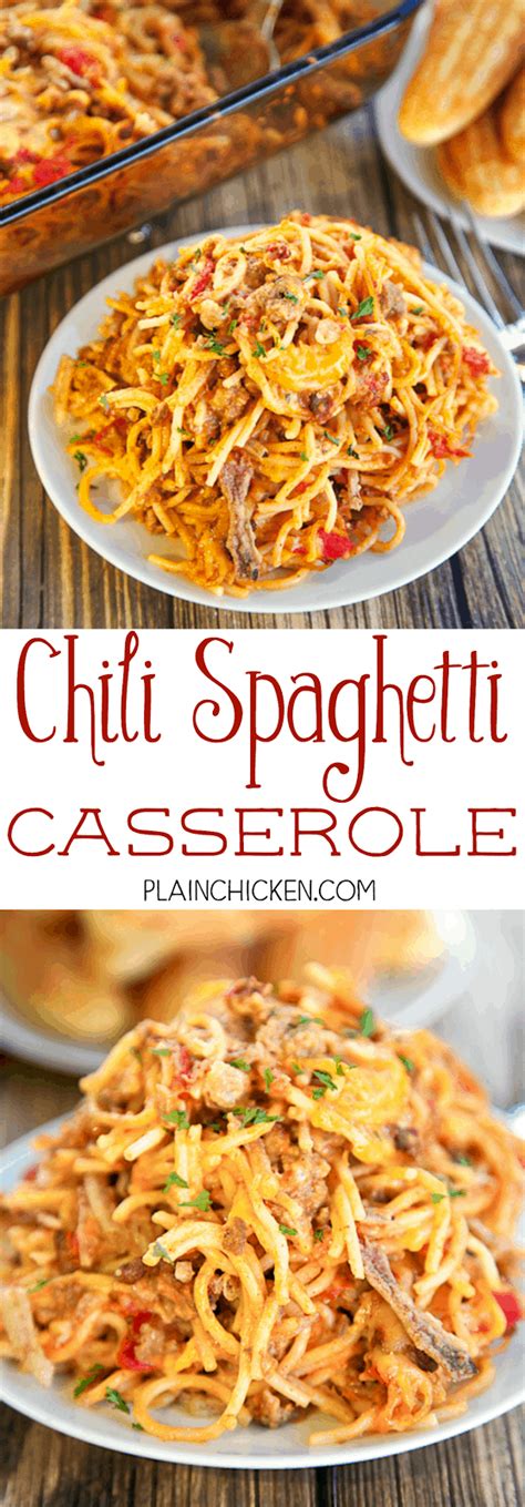 Take chili pasta out of the oven, remove the foil and add an even layer of shredded cheese on top. Chili Spaghetti Casserole - Plain Chicken