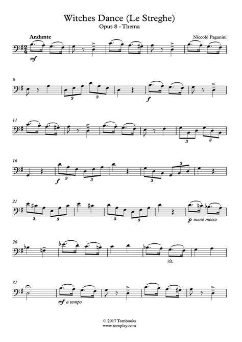 Acoutic music with cello, guitar and cajon. Cello Sheet Music Witches Dance (Le Streghe), Opus 8 - Thema (Paganini)