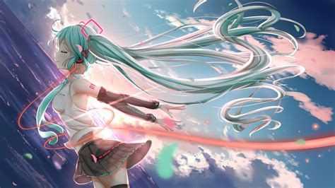 Hatsune miku & snow miku image headphone taito anime from japan. aqua eyes aqua hair denfunsan hatsune miku headphones sky twintails vocaloid water | konachan ...