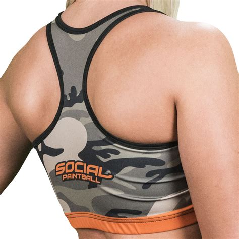 Sports bras designed to fit 34d, 34dd, and 34ddd cup sizes should feature underwire; Women's Racerback Sports Bra, American Camo - Social Paintball