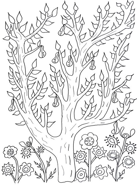 Free nature coloring pages for adults. Cute tree with leaves and pears olivier - Flowers Adult ...
