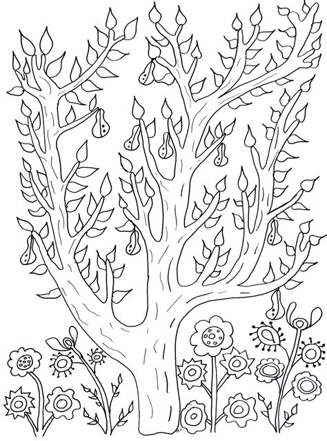 I use drawing and coloring every day to help me relax, to inspire creativity, and to cope with challenges. Cute tree with leaves and pears olivier - Flowers Adult ...