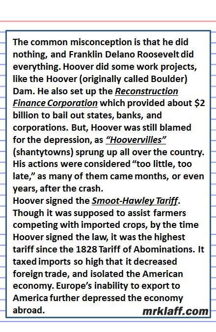 Most devastating stock market crash in the history of the united states: Smoot-Hawley Tariff APUSH, Reconstruction Finance Corporation