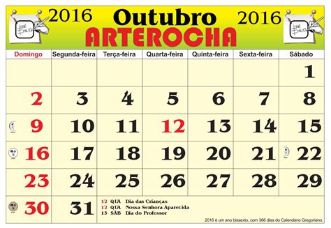 Faltam 232 para acabar o ano. ARTEROCHA: CALENDÁRIO MES DE OUTUBRO 2016