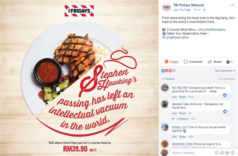 30 dec, 31 dec, 1 jan (new year) & 31 jan, 1 feb, 2 feb (thaipusam). TGI Fridays Malaysia uses Stephen Hawking's Passing to do ...