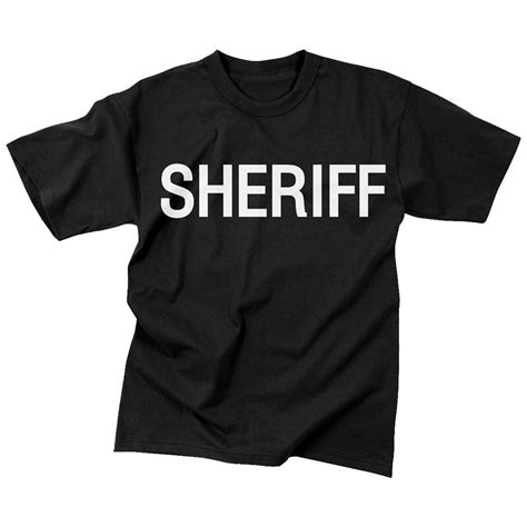 No bleach, dry with low setting or hang dry for best results. 2-Sided Short Sleeve Sheriff T-Shirt