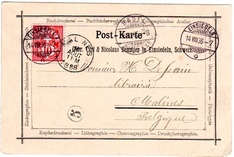 Llll ⭐ gutscheinvorlagen, vordrucke & geschenkkarten zum geburtstag 100% kostenlos selber gestalten ausdrucken verschenken und freude bereiten! Schweiz 1886, 10 C. auf Vordruck Benziger Postkarte v. Einsiedeln n. Belgien Nr. 14027 ...