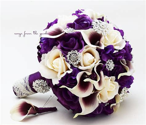 Purple and lavender wedding bouquets. Bridal Bouquet Callas Purple Ivory Roses Rhinestones ...