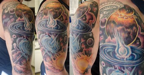 If you're struggling to choose just one symbol or design to express your adoration of this series, the notion of an enormous universe is the perfect basis for a whole sleeve. Space sleeve, planets colliding, pulsar, quasar, star, sun ...